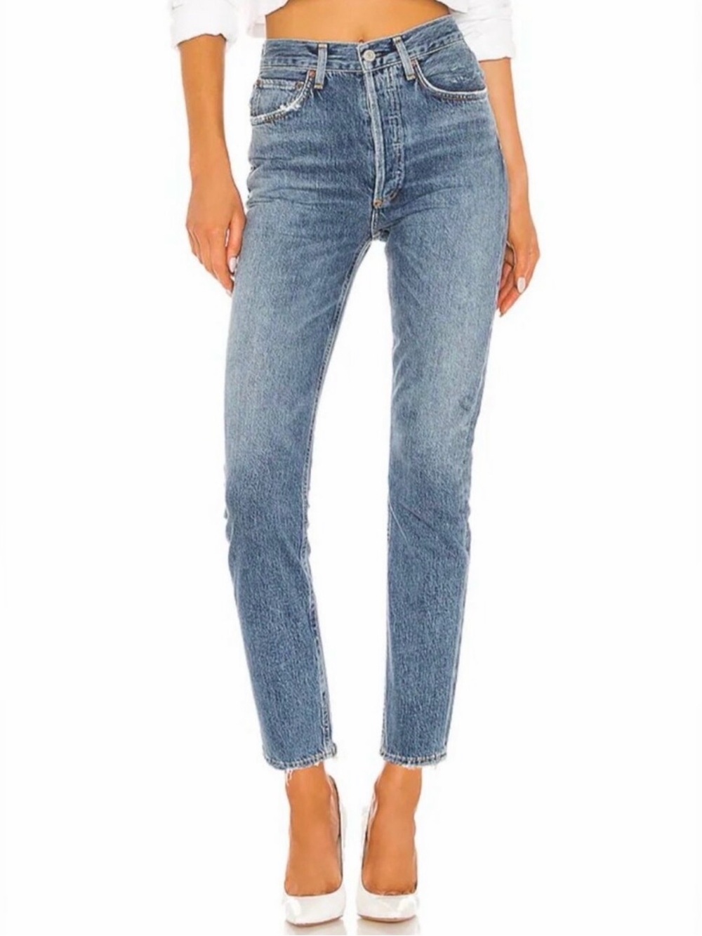 AGOLDE Riley High Rise Straight Leg Cropped Jeans Blue Lightly Distressed Sz 28
